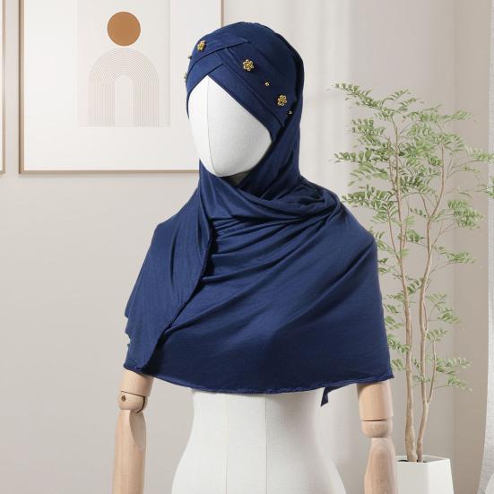 Headscarf Hat with Bright Bead Pleated Design Solid Color Shawl