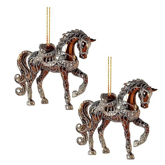 2 Pcs Horse Christmas Ornament Acrylic Sparkly Rhinestones Horse Hanging Decoration 2D Flat Christmas Tree Ornament for Horse Lovers