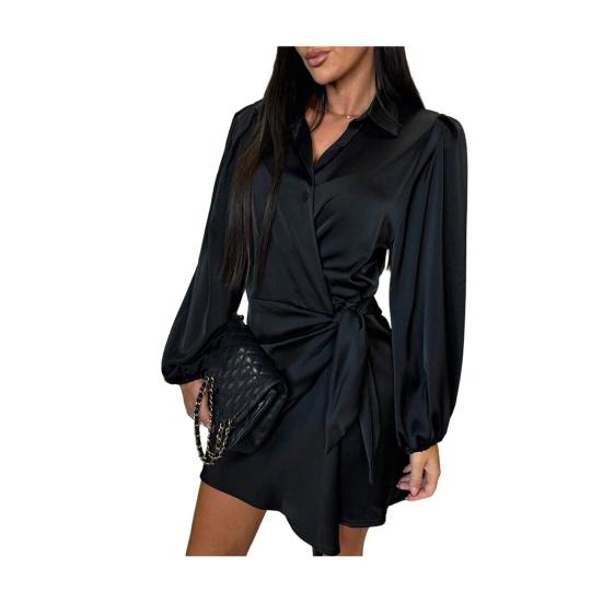Women's Satin Shirt Dress V Neck Long Sleeve Wrap Dress Casual Tie Waist Mini Dress Party Club Short Dress