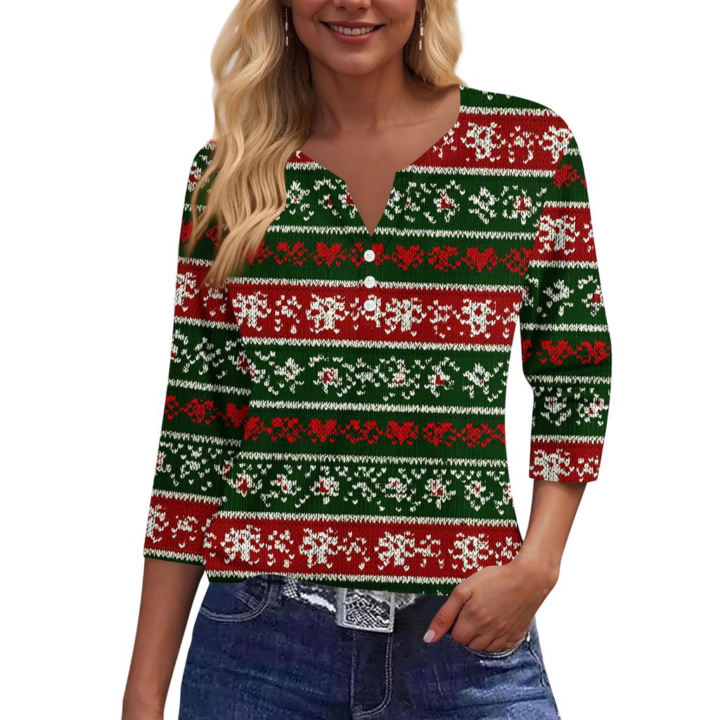 Women's Casual Fashion V-neck Loose Versatile Christmas Print Three-quarter Sleeve Top
