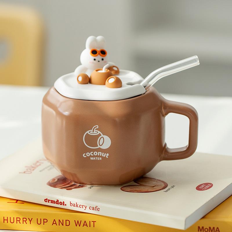 

Creative Cartoon Mugs with Lid and Straw, As Souvenirs, Cute Rabbit Design Ceramic Mugs, Household Drinking Utensils Accessories 380ml
