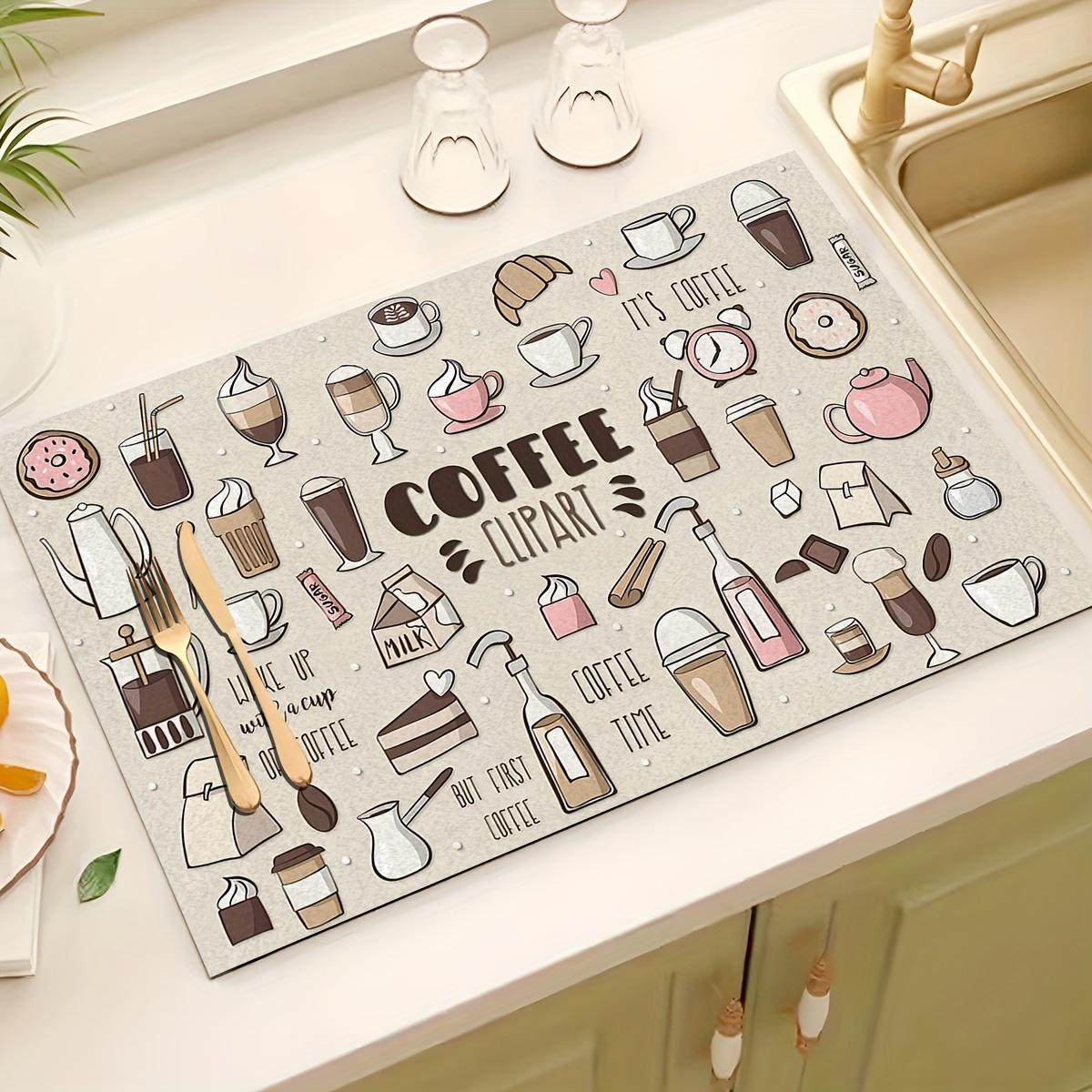 

Coffee Graffiti Pattern Drainage Mat, Non-Slip Rubber Absorbent Placemat Perfect Accessory for Kitchen Countertops Home Decor 30x40cm