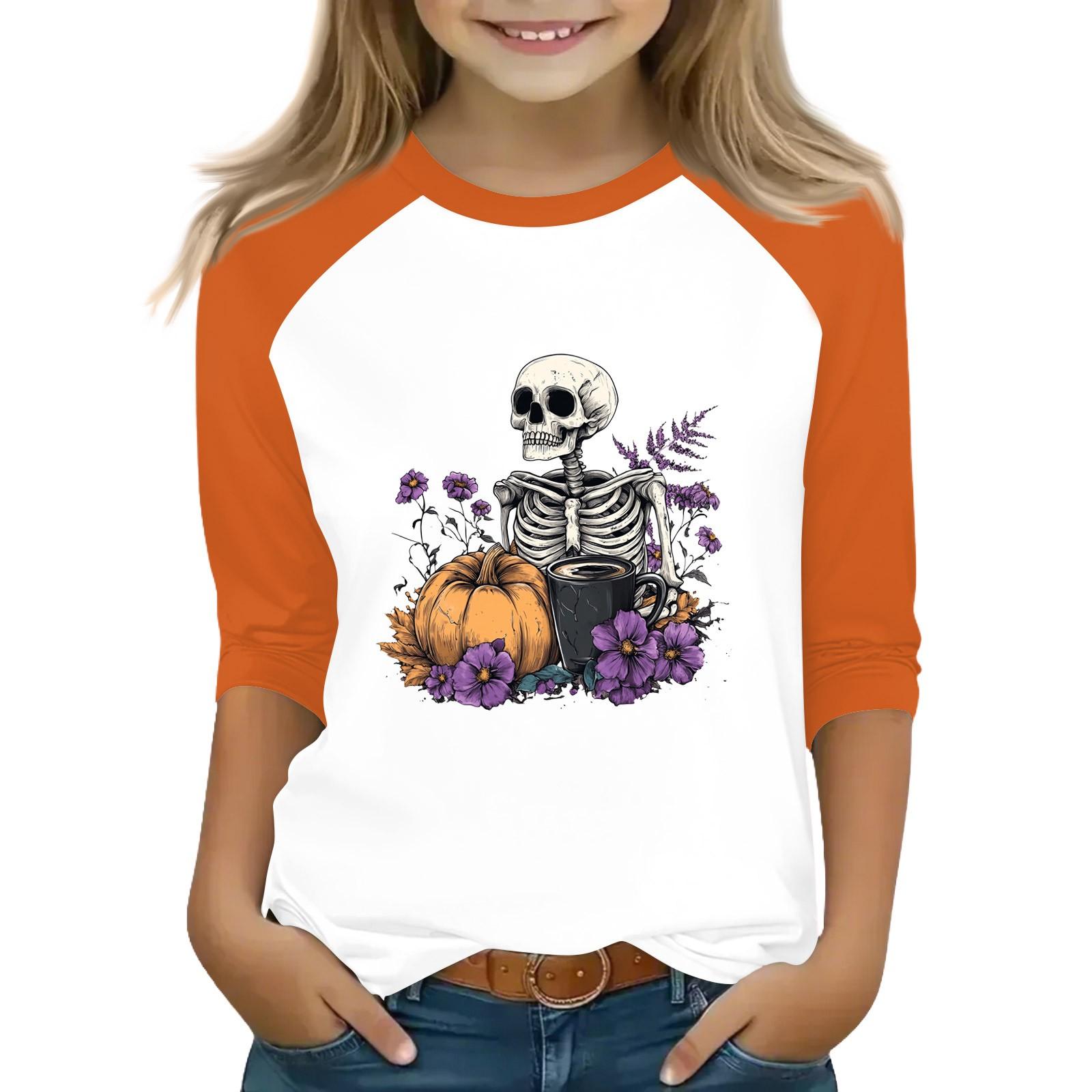 

Топы для девочек-подростков 4-16 лет, футболки с круглым вырезом и рукавами 3/4, модные топы, нарядные футболки на Хэллоуин 140