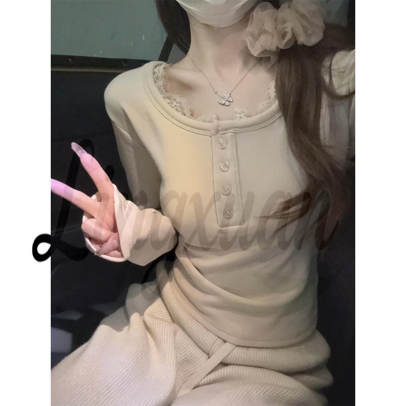 

Korean Autumn Slim-Fit Square Neck Lace Trim Long-Sleeved Cashmere T-Shirt for Women S абрикосовый
