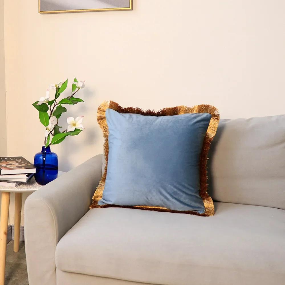 Velvet Cushion Cover with Gold Tassels Edge, Monochromatic Pillowcase, Decorative Sample Room, Bed and Sofa