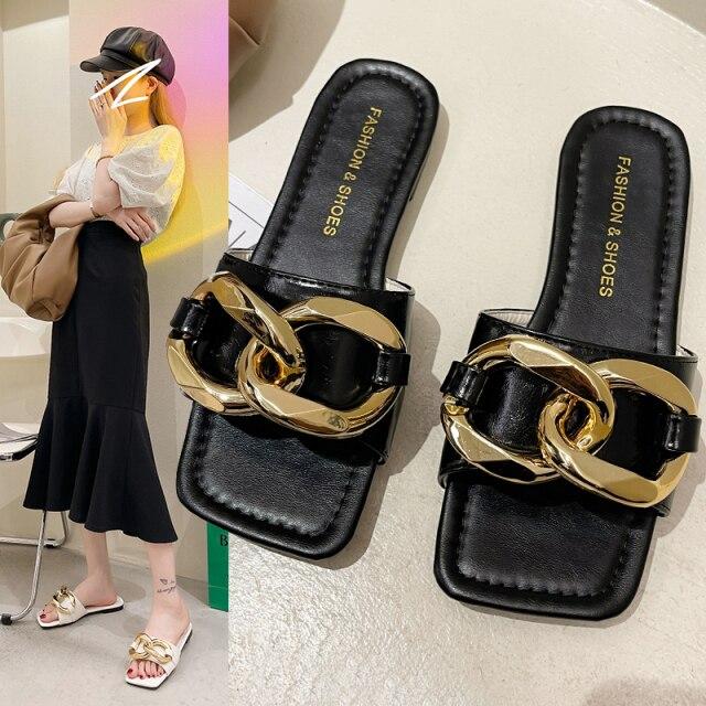 

Новые тапочки, женская обувь, женские шлепанцы высокого качества, женская обувь, модный дизайн, туфли на плоской подошве с металлической отделкой, женские тапочки 35 чёрный