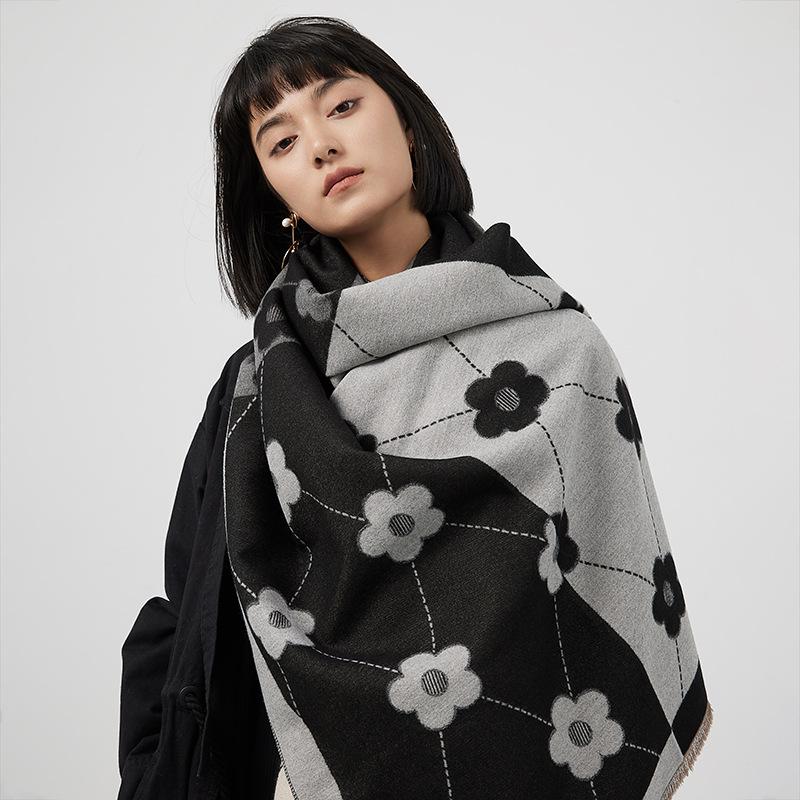 Imitation Cashmere Color Matching Lines Warm Scarf Flower Long Thickened Fringed Shawl Women'S Knitted Warm Scarf