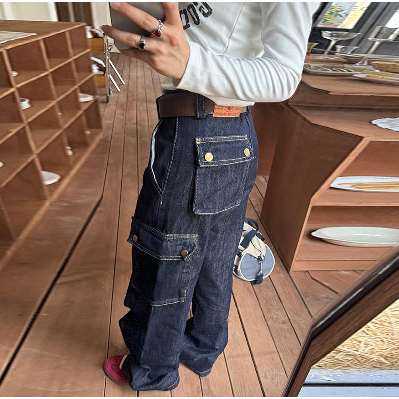 Retro Multi-Pocket Straight Leg Work Pants Loose Fit Jeans Women's 2025 Spring Autumn Trendy Denim Folded Wide Leg Jeans Office Lady Streetwear