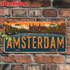 D Flat Pc Vintage Amsterdam Metal License Plate Aluminum Wall Decor with Dutch Cityscape  Suitable for Home Vehicle Garden