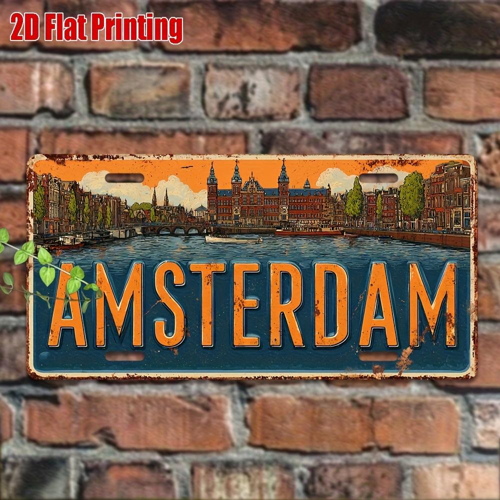 D Flat Pc Vintage Amsterdam Metal License Plate Aluminum Wall Decor with Dutch Cityscape Suitable for Home Vehicle Garden