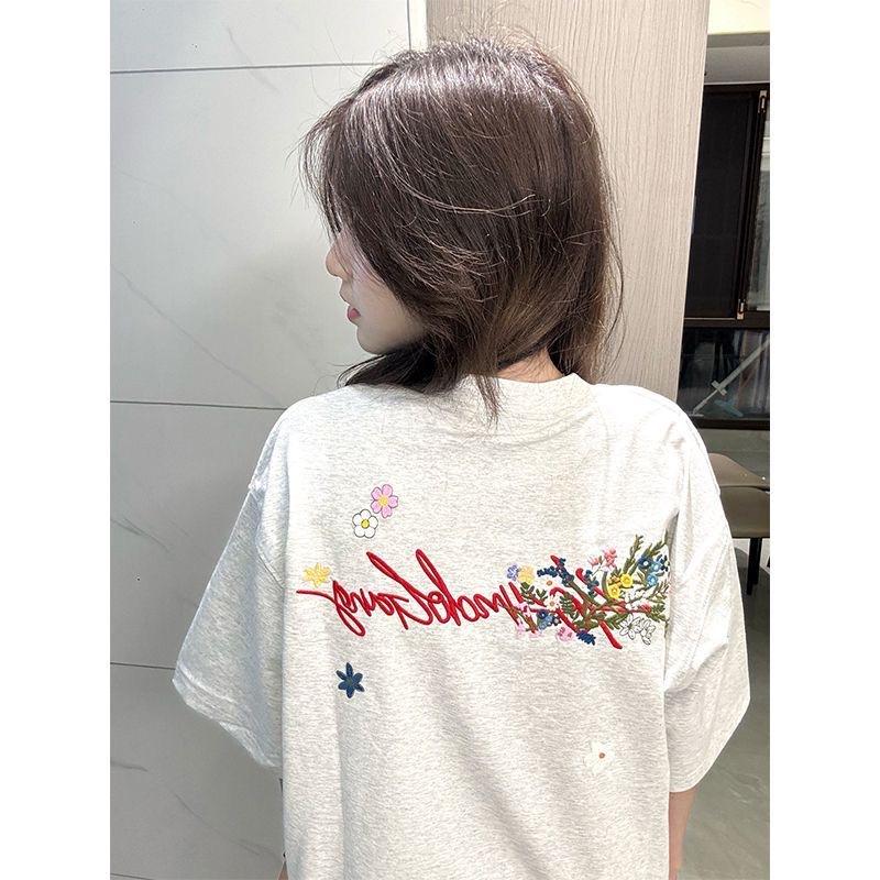 

Unisex Gray Floral Embroidered Short Sleeve Heavyweight Cotton T-Shirt XL