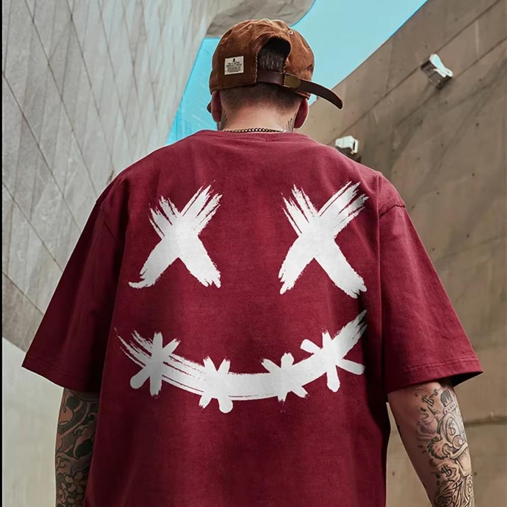 2023 T-shirt Summer New Fashion Men's Smiling Face Letter Print Pattern Casual Loose Street Fitness High Quality Cotton Top