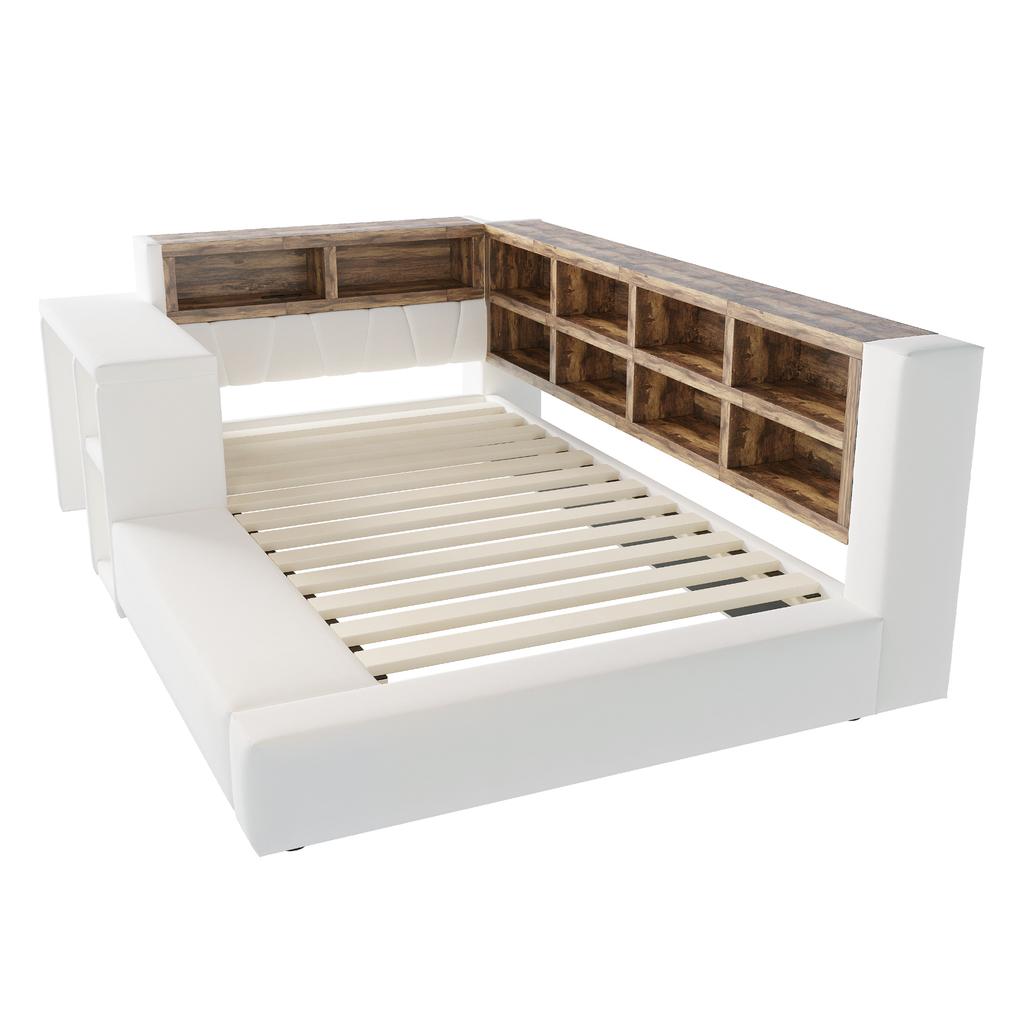 Stoppad säng 90 x 200 cm, Med förvaring på flera nivåer, LED-belysning, Integrerade uttag i sänggaveln, Sidobord, Stoppad ryggstöd, Beige