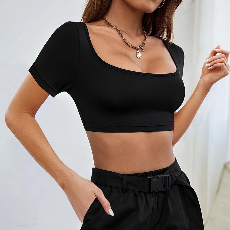 T-shirt à manches courtes en tricot pour femme, style décontracté, style sport d'été, élastique et très extensible