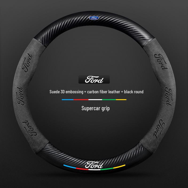 Genuine Leather Suede Carbon Fiber Steering Wheel Cover for JMC Ford Territory 2019-2021, Universal All-Season Model