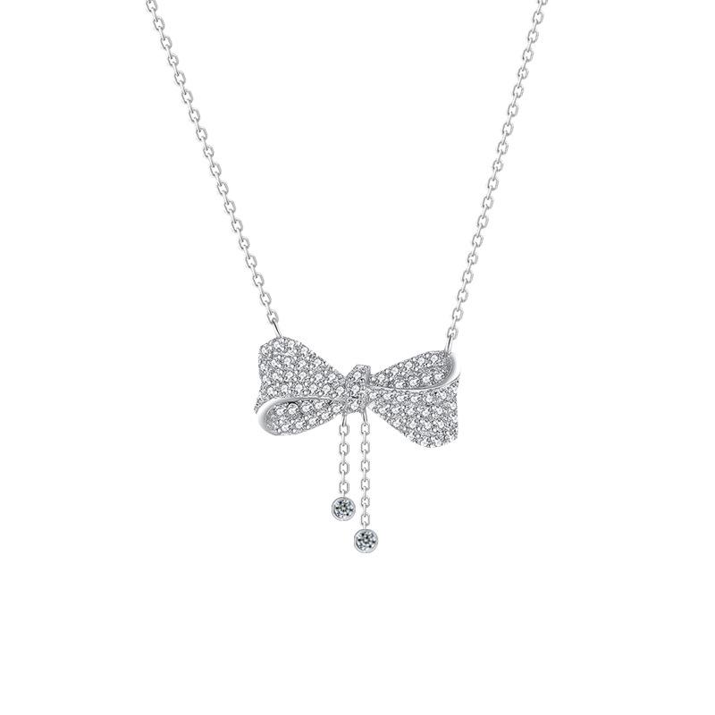 S925 Sterling Silver Bow & Water Drop Tassel Pendant Necklace for Women 925 Silver
