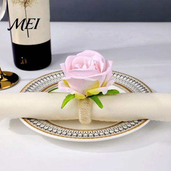 Fresh Style Napkin Holders for Kitchen Artificial Rose Ring, Fabric Pink Flower Holder, Rustic Floral Tableware Accessories Party Decor Ring Farmhouse
