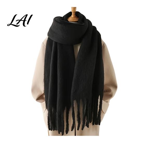 Oversized Cozy Winter Scarf Thickened Imitation Rabbit Velvet with Tassels for Women Solid Color Stylish Long Draped Neck Wrap Warm Shawl,