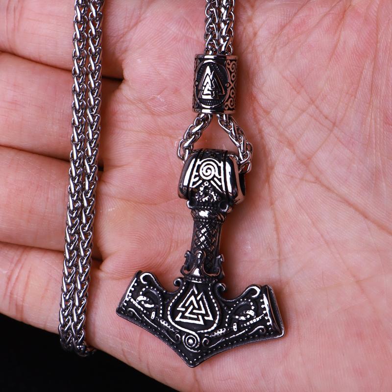 Flerfärgad pärlhalsband med vikingahammare och Thors hammare, rostfritt stål, herrhalsband, Mjolner amulett, smycken