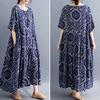 Vintage Women Cotton Linen Dress Print Spliced Striped O Neck Short Sleeve Pocket Loose Dress