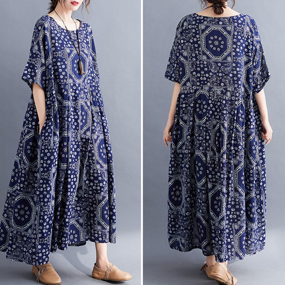 Vintage Women Cotton Linen Dress Print Spliced Striped O Neck Short Sleeve Pocket Loose Dress