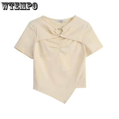 Women's Short Sleeve Large Size Sexy Niche Design Hollow Tops Slim Short Solid Color Short Sleeve