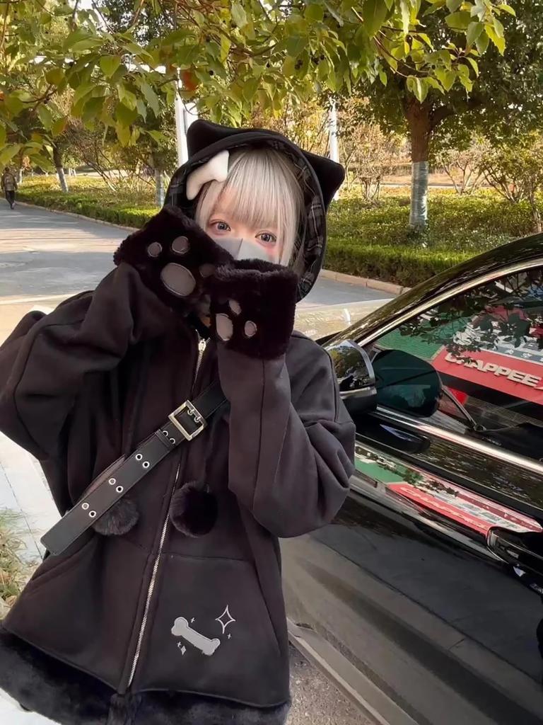 Hoodie with Cat Ears and Subculture Style Sickly Long Y2K with Check Cross [XHSUKADO] Zip-up Claws, Top, Women's Clothing, Cute, Sleeve, Spring,