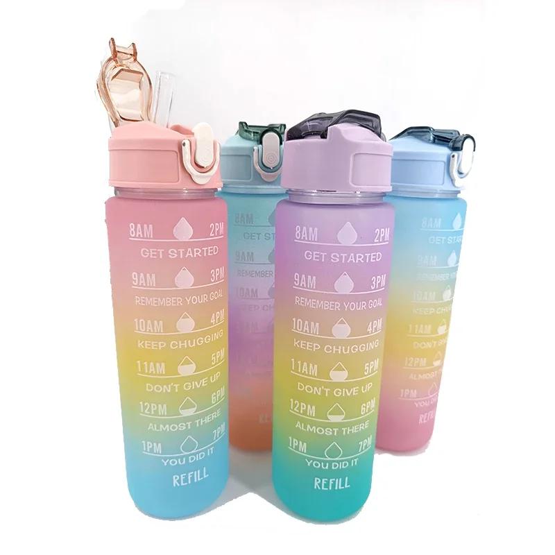 

0.9L Water Bottle With Time Marker For Girl Fitness Jugs Large Capacity Portable Sports Gym Big Drink Bottle With Straw BPA Free 900ml