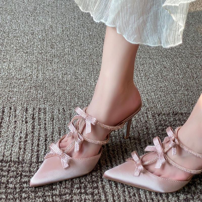Fashion Luxury Rhinestones Bowknot Satin Women Pumps Elegant Pointed toe Mary Janes Thin High heels Mules Fashion Party Wedding Shoes