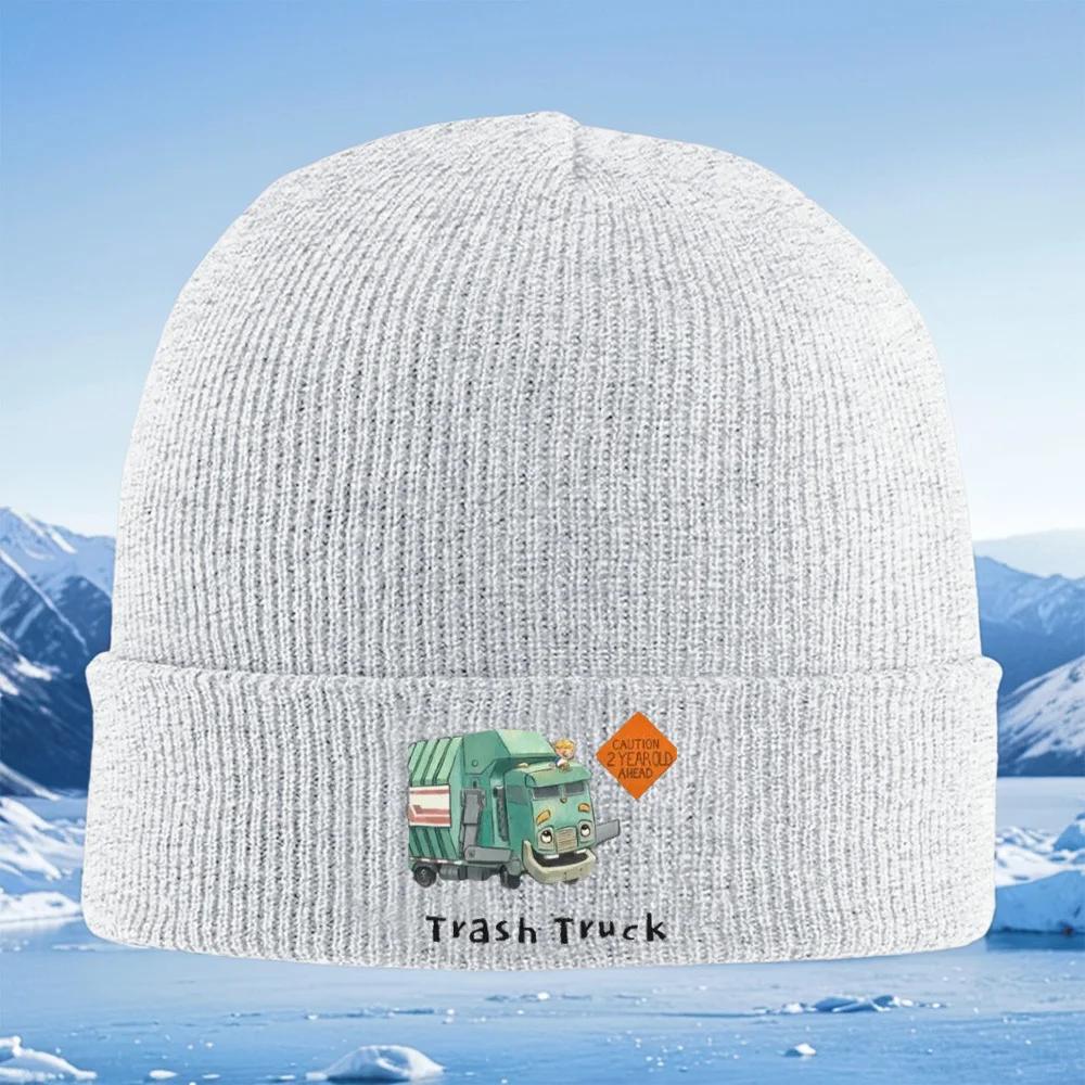 Smiling Trash Truck Orange Sign Cartoon Ahead Knitted Hat Unisex Women Unisex Beanie Pullover Cap Winter Thermal Warm Christmas Out