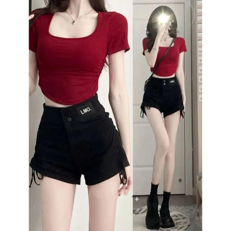 

Summer Dopamine Black Slim Shorts and Top Two-Piece Set Red Top Only