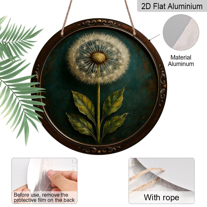 2D Flat, 1pc Vintage Aluminum Metal Sign Wall Art, Dandelion Design with Teal Background & Ornate Golden Frame, 7.87in Indoor/Outdoor Home Cafe