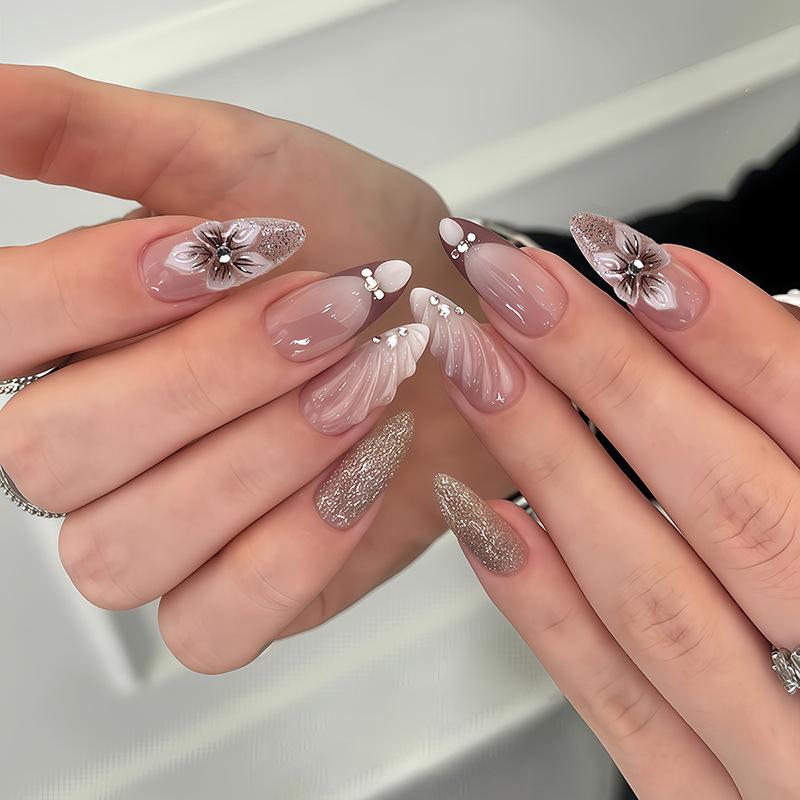 24PCS Simple White French False Nails 3D Butterfly Flower Almond Nail Tips with Silver Edge Design Wearable Fake Nails for Women