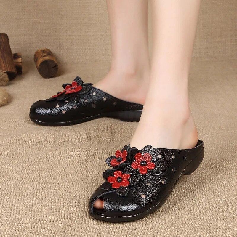 2026 Summer Genuine Leather Shoes Women Sandals Old Beijing Style Flat Shoes Tiny Flowers Shoes Black Red Plus Size 42