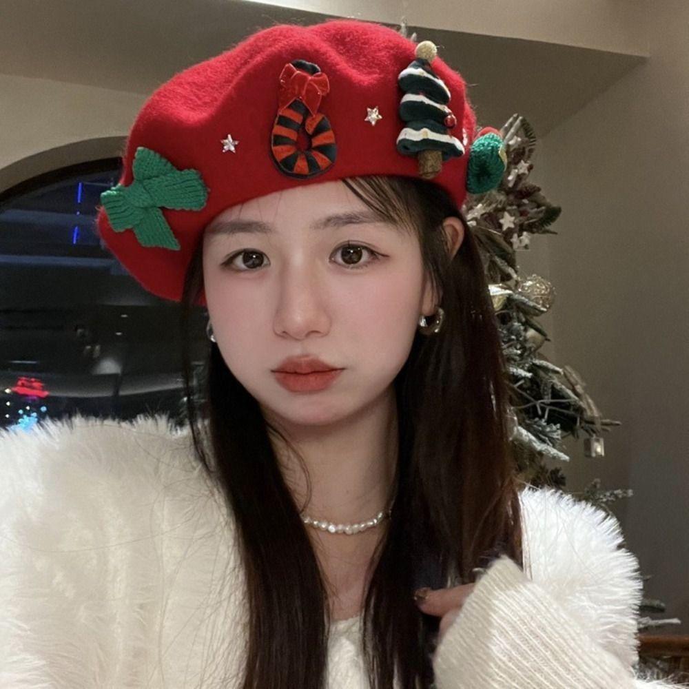 Red Green Christmas Beret Cap Sweet Xmas Painter Hat Fashion Christmas Beret Hat  Women