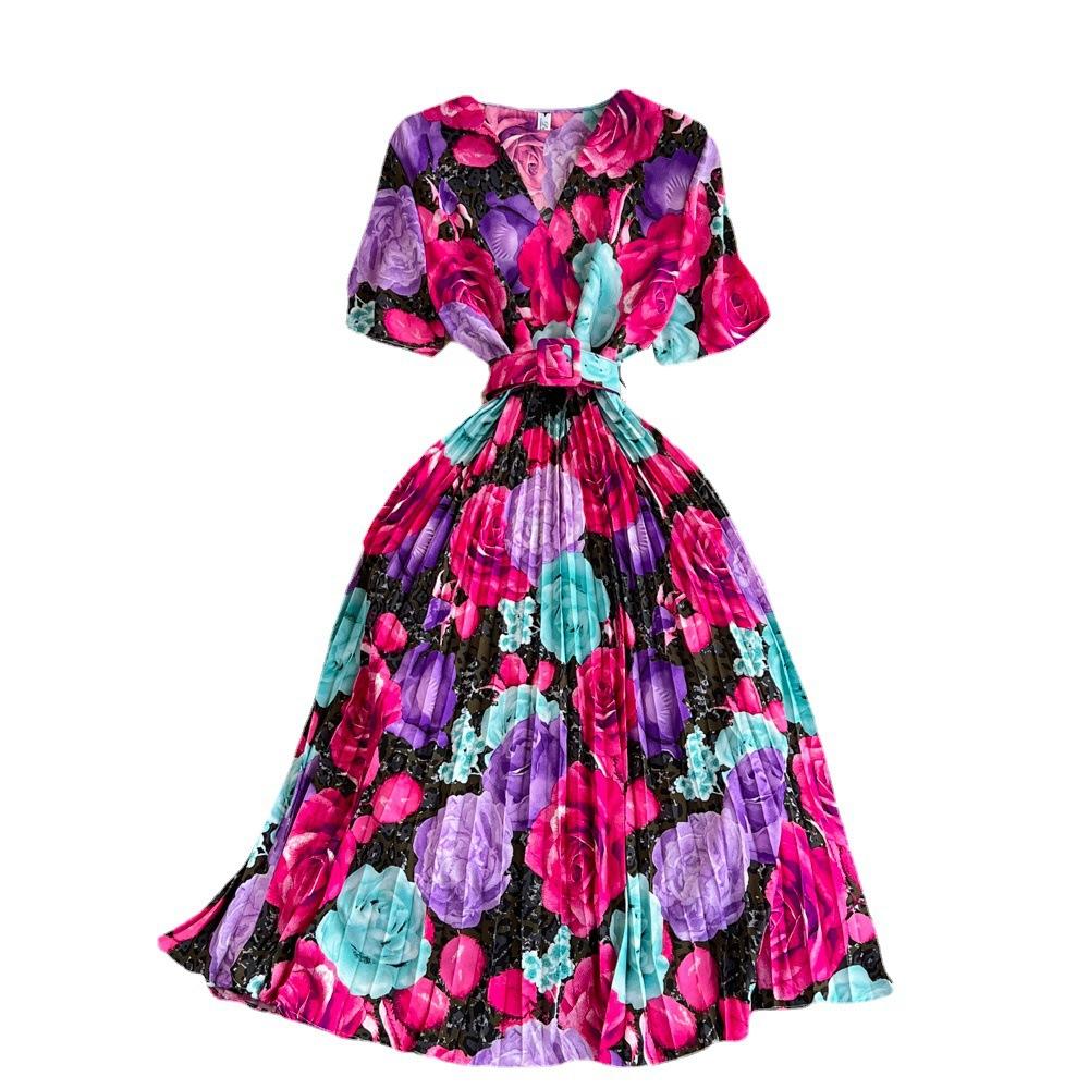 Summer Women's Light Mature Style Retro Temperament Short-sleeved V-neck Waist Thin Medium-length A-print Pleated Dress