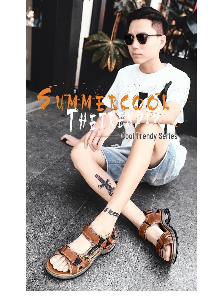 Men's Casual Genuine Leather Open-Toe Beach Sandals with Air Cushion - Lightweight and Plus Size for Outdoor Activities.