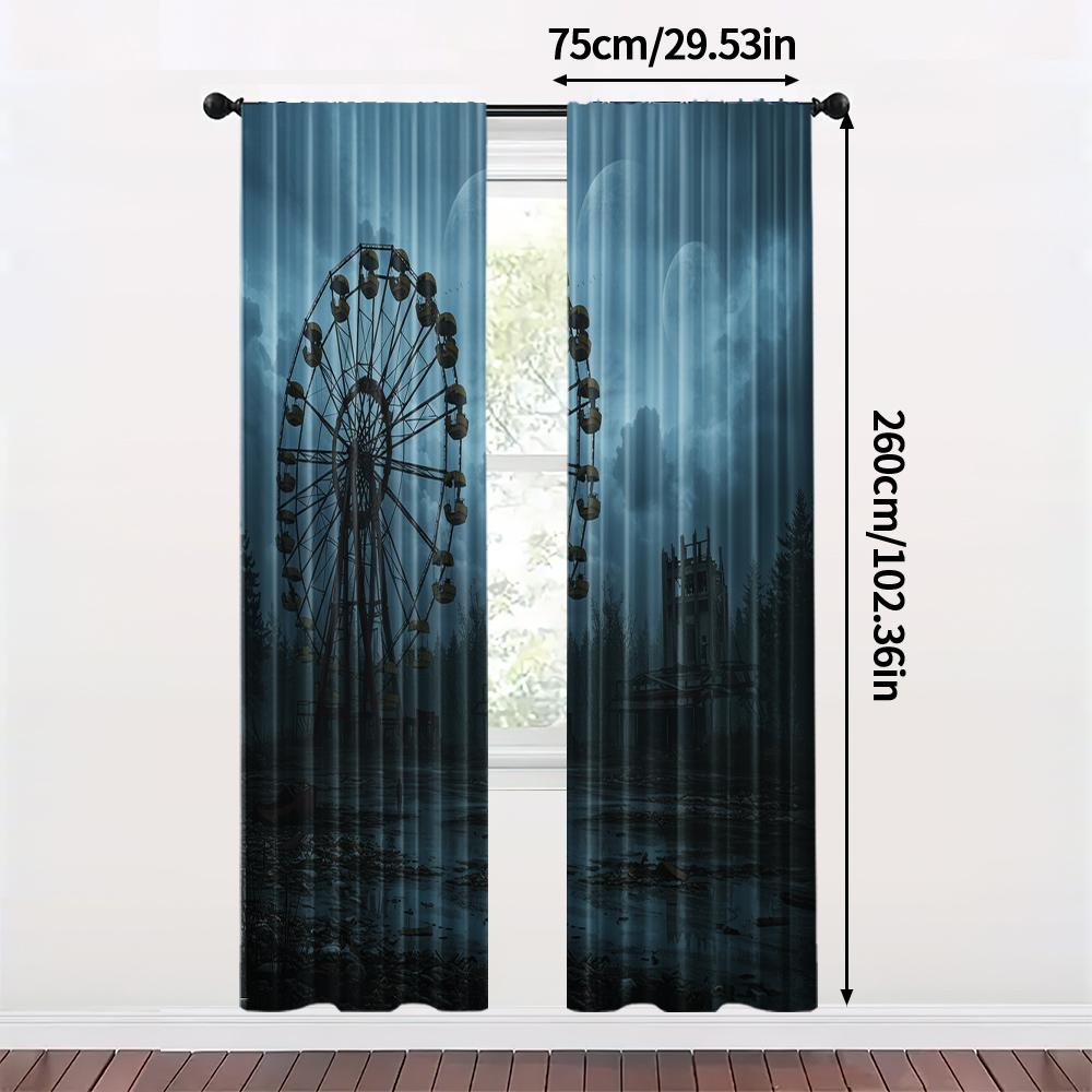 2pc   Window Curtains Gothic Style Skyscraper Durable 100% Polyester Fabric  Without Electricity Birthday Party for