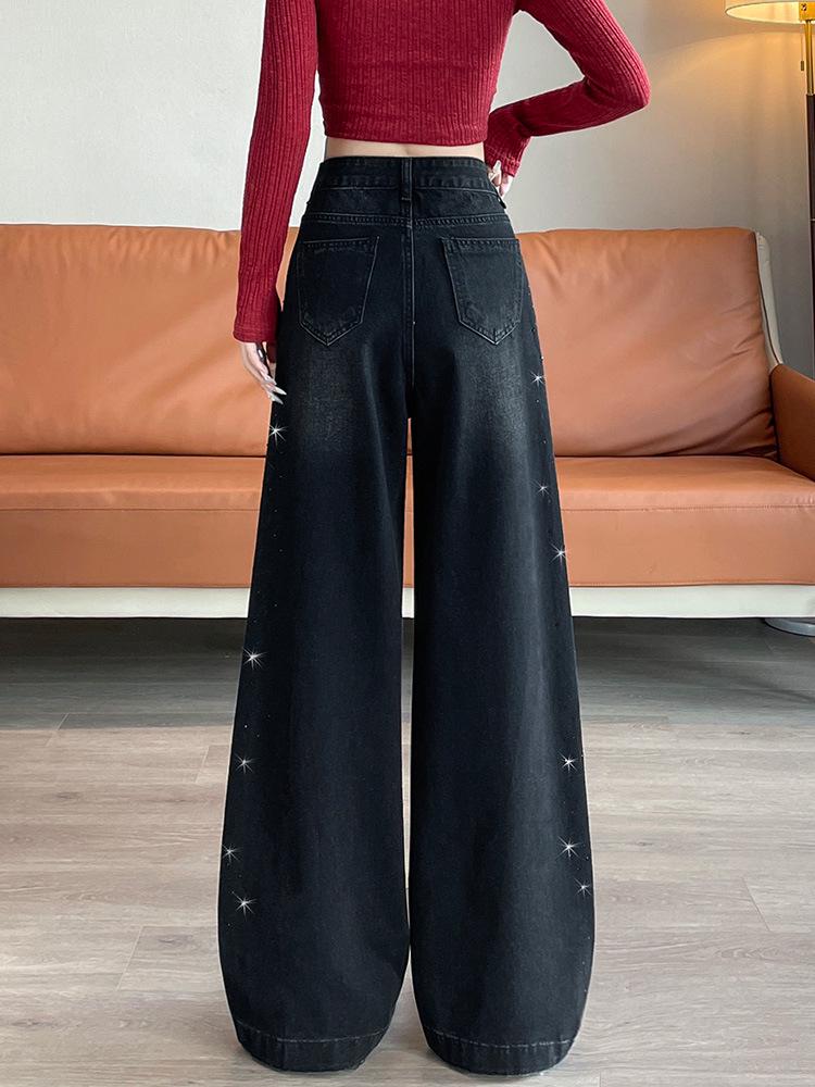 2025 Autumn Rhinestone High-Waisted Wide-Leg Jeans: Slimming Floor-Length Fit