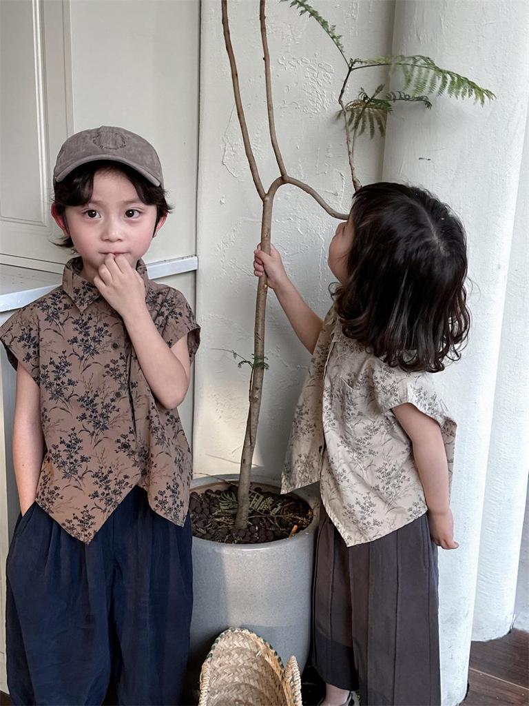 Jiaye Tongpin 2025 Kids' Floral Short-Sleeve Retro Shirt for Boys and Girls