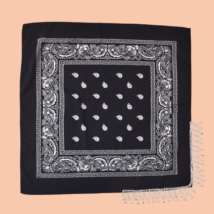 Cashew Flower Print Bandana for Adult Unisex Glittering Crystal Tassesls Head Scarf Neckerchief for Music Festival Party