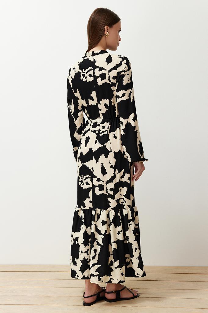 Women's Hijab Dress New Season Fashion Brown Big Flower Patterned Crinkle Woven Dress