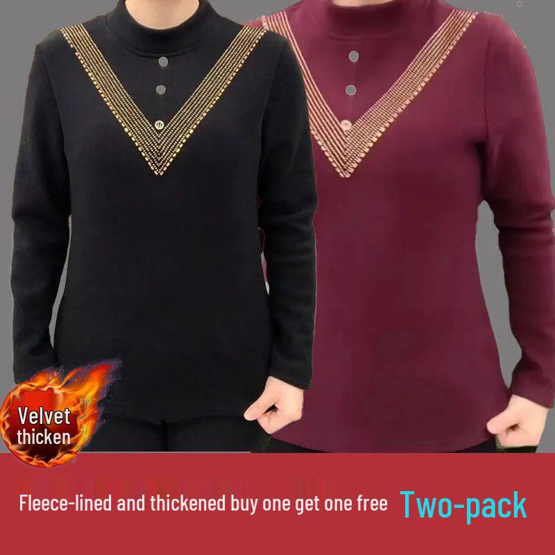 Double-Sided Threaded Velvet Rhinestone Slimming Semi-High Neck Top - Autumn/Winter Warm Base Layer
