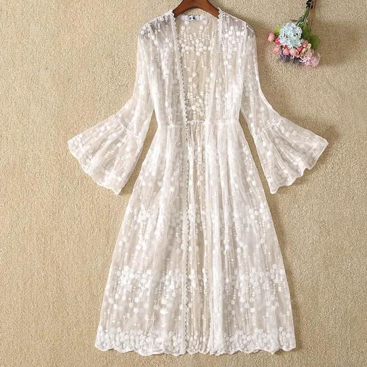 

Кружевной сетчатый кардиган с рукавами три четверти, женская летняя шаль средней длины с рукавами-трубами, солнцезащитный крем, тонкая тонкая верхняя одежда L