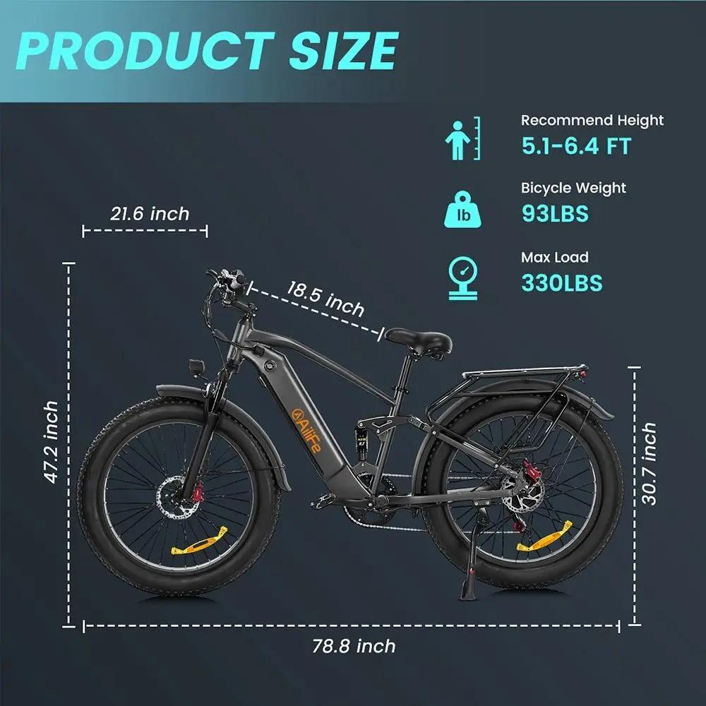 AILIFE X26B Electric Bike, 1000W Powerful Motor 48V13Ah Battery 26*4.0" Fat Tires Ebike 30mph Max Speed 62miles Range Disc Bra