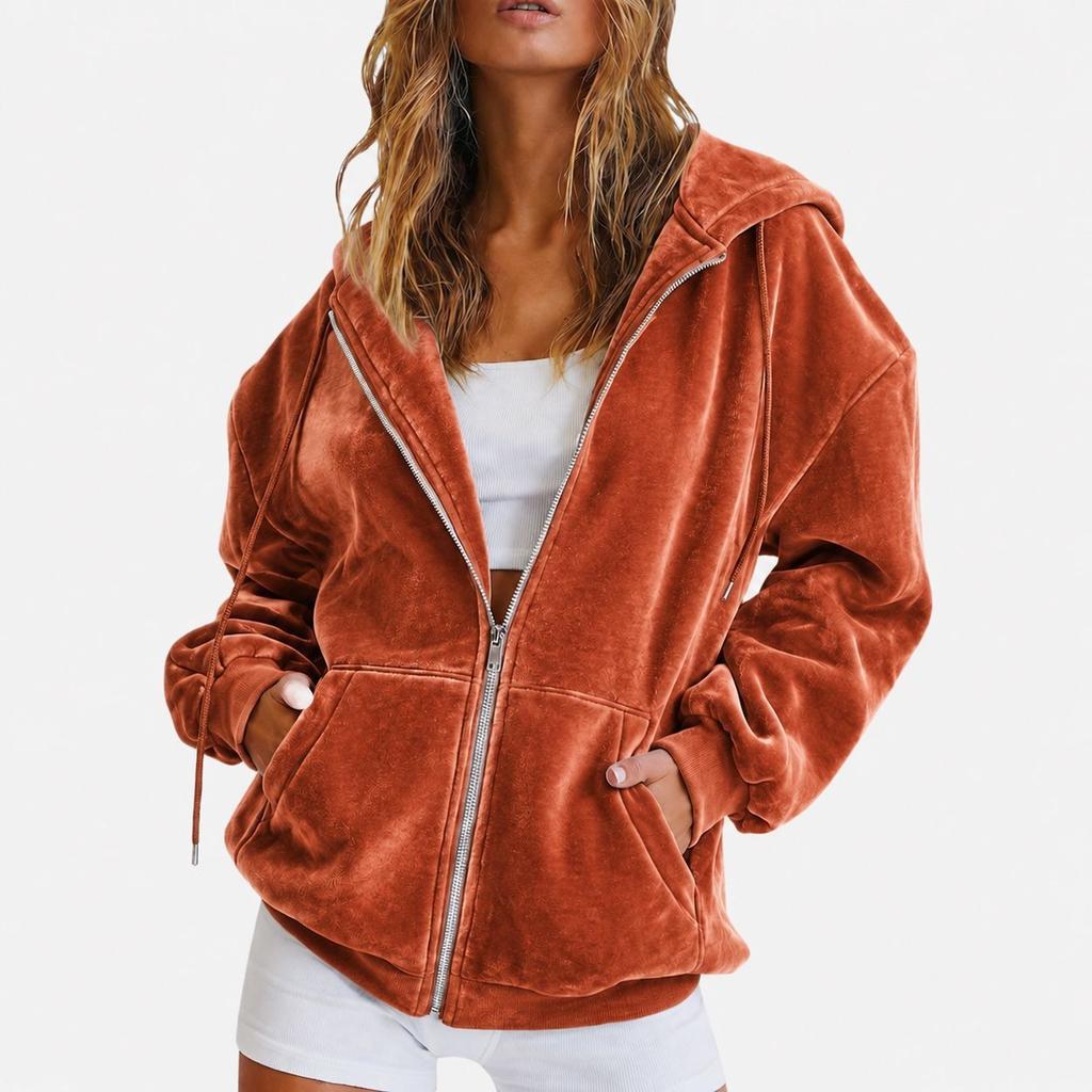 Women Jacket Solid Color Velvet Loose Fit Hooded Sweatshirt Long Sleeve Casual Outerwear Grey Navy Burgundy Zip Up Jacket