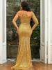 2025 V-neck Off-shoulder Sequin Bodycon Gown with Train