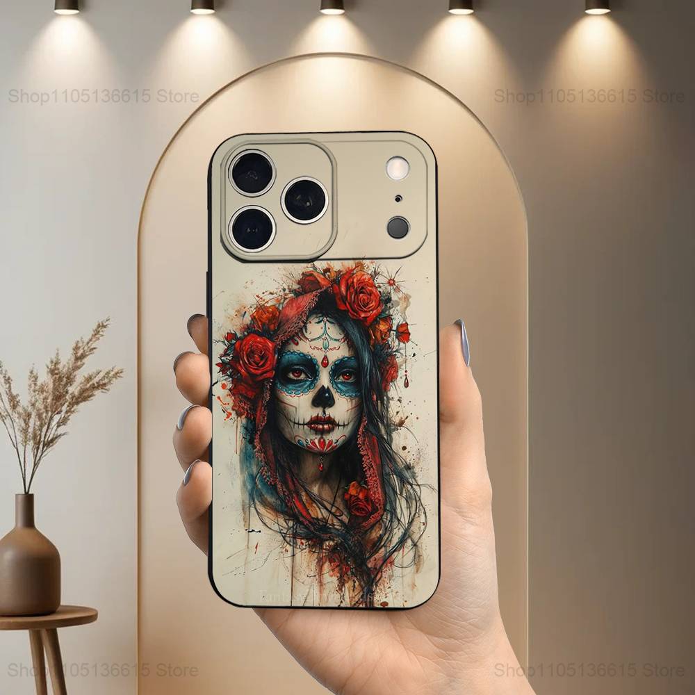 Catrina Skull Girl Mexican Case For iPhone 12,14,15,16,17,13,11,X,Mini,Plus,Pro Max,8,7,XR,SE,XS,Soft Silicone Black