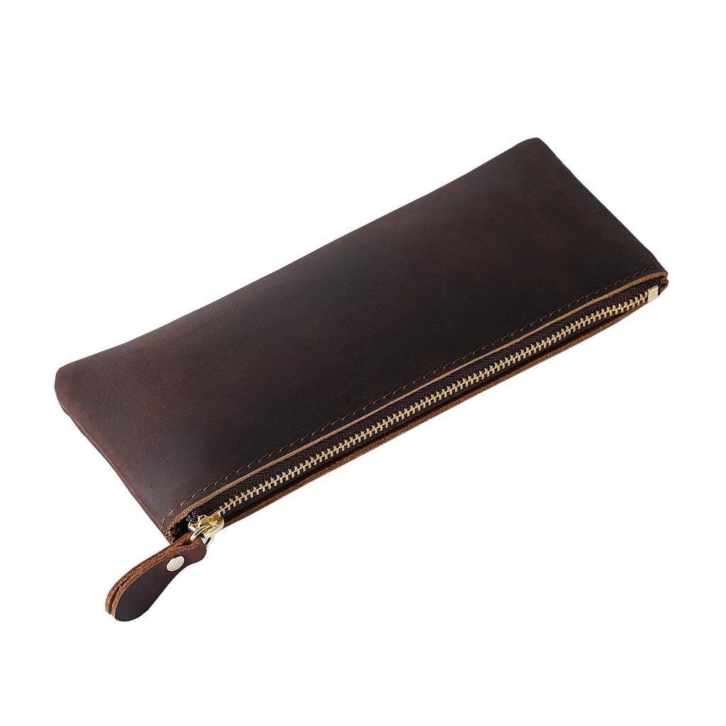 Unisex Genuine Leather Zipper Pencil Case - Handmade Retro Cowhide Stationery Box