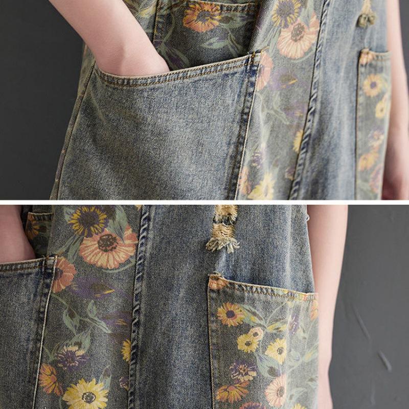 Women's Spring and Autumn Denim Backpack Pants Design Printed Lantern Pants Jumpsuits